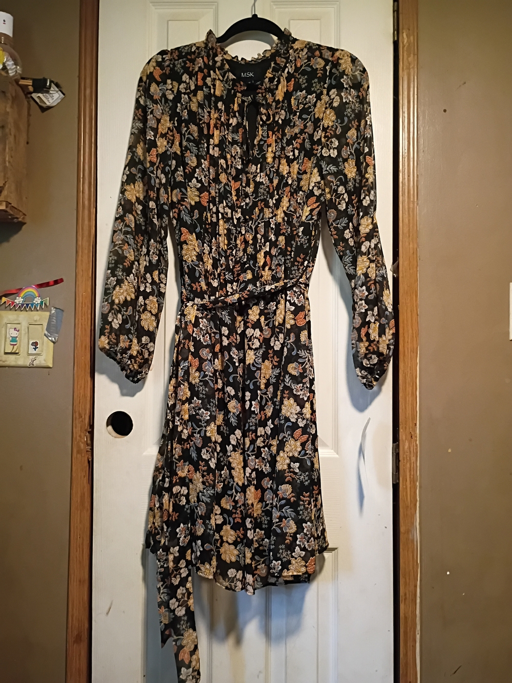 MSK Black Floral Tie-Waist Long Sleeve Ruffle Dress